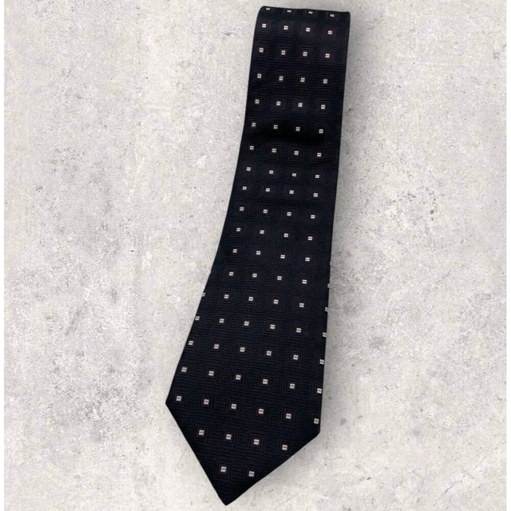BOSS SELECTION TRIFOLD Silk Tie ITALY Black Purple Geometric W:3.5" EUC